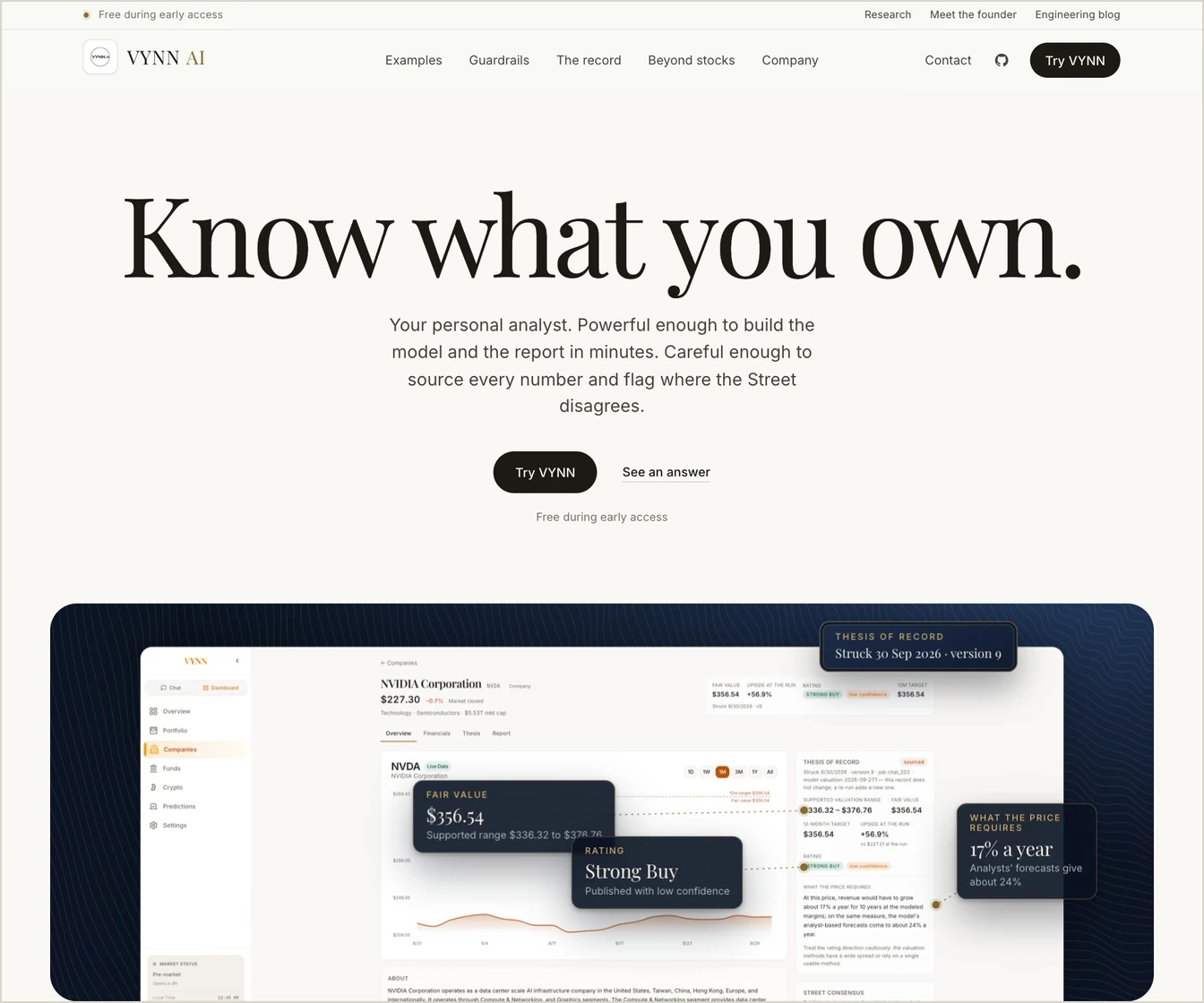 vynnai.com today. The homepage opens with "Know what you own." above NVIDIA's thesis of record as it appears in the app, with its fair value, rating and what the price requires.